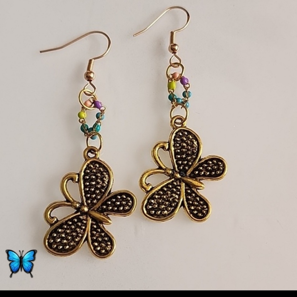Gold Tone Butterfly Dangle Earrings with Multicolor Bead Accents